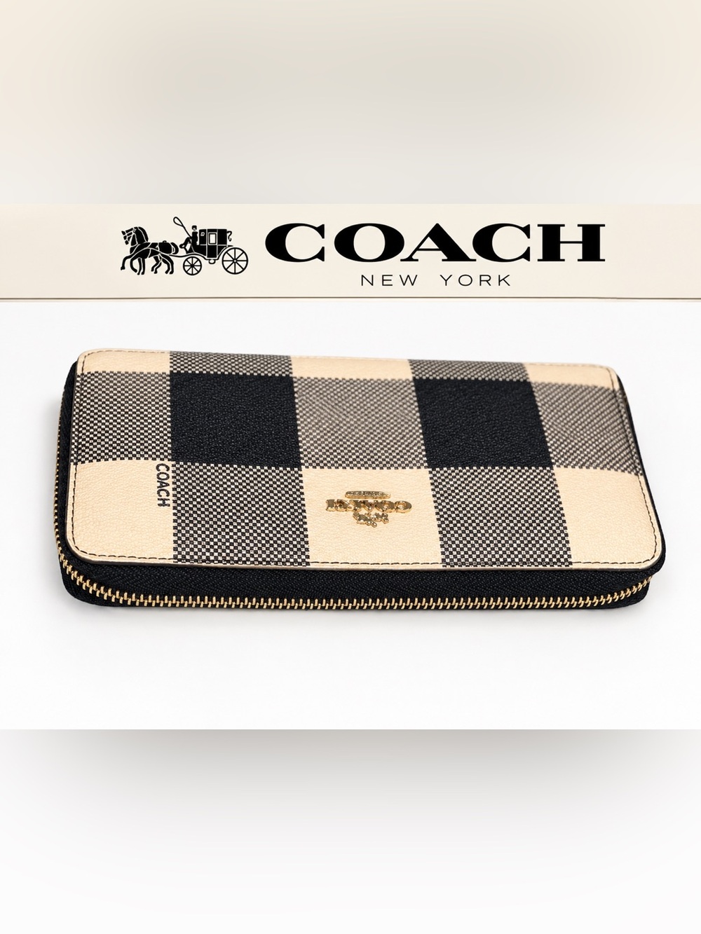COACH Navy and Cream Checker Zip Long Wallet with Gold Hardware